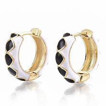 Honeyhandy Brass Huggie Hoop Earrings, with Two Tone Enamel, Real 18K Gold Plated, Rhombus Pattern, Black, 15.5x16.5x5mm, Pin: 1x1mm