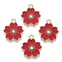 Honeyhandy Alloy Enamel Pendants, Sakura Flower, Light Gold, Red, 20.5x17.5x1.5mm, Hole: 2mm