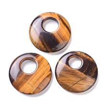 Honeyhandy Natural Tiger Eye Pendants, Flat Round, 40~41x8~9mm, Hole: 12~15mm