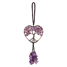 Honeyhandy Wire Wrapped Chips Natural Amethyst Big Pendant Decorations, with Red Copper Plated Brass Wires and Nylon Cord, Heart with Tree of Life, 160mm, 1pc