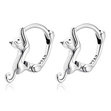 Honeyhandy Rhodium Plated 925 Sterling Silver Cute Cat Hoop Earrings for Women, Platinum, 15x14mm, Pin: 1mm