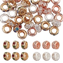 40Pcs 4 Colors Brass Spacer Beads, with Mixed Color Rhinestones, Rondelle, Mixed Color, 10x6mm, about 10pcs/color