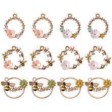 12Pcs Alloy Enamel Pendants, with Crystal Rhinestone, Golden, Ring with Bee & Flower, Mixed Color, 20mm