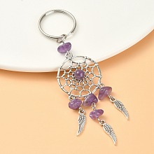 Honeyhandy Natural Amethyst Chips Keychain, with Tibetan Style Pendants and 316 Surgical Stainless Steel Key Ring, Woven Net/Web with Feather, 107mm, Pendant: 82x28x7mm