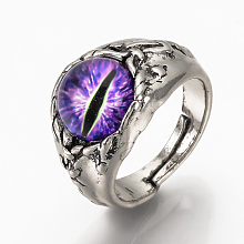 Honeyhandy Adjustable Alloy Finger Rings, with Glass, Wide Band Rings, Dragon Eye, Blue Violet, Size 10, 19.5mm