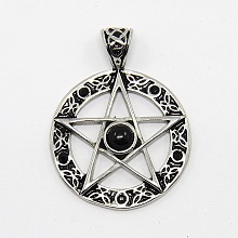 Honeyhandy Vintage Men's 304 Stainless Steel Ring with Pentagram Star Pendants, Wicca Pendants, with Rhinestone and Resin, Antique Silver, Jet, 37x28x5mm, Hole: 6x3mm