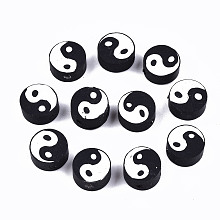 Honeyhandy Handmade Polymer Clay Beads, Flat Round with Yin Yang, Black, 9~10x9~10x4~7mm, Hole: 2mm