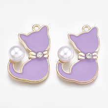 Honeyhandy Alloy Enamel Kitten Pendants, Cadmium Free & Lead Free, with Rhinestone and ABS Plastic Imitation Pearl, Cat with Bowknot Shape, Light Gold, Crystal, Lilac, 30x20x9mm, Hole: 2mm