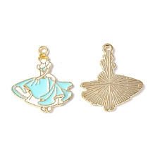 Alloy Enamel Pendants, Light Gold, Princess Charm, Cyan, 24x21x1mm, Hole: 1.4mm