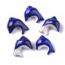 Honeyhandy Handmade Porcelain Beads,  Famille Rose Style, Dolphin, Medium Blue, 14~16x19.5~21x9~10.5mm, Hole: 1.6~2mm