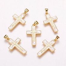 Honeyhandy Freshwater Shell Pendants, with Brass Findings, Cross, Golden, 26x16x2.5mm, Hole: 3.5x5mm