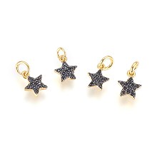 Honeyhandy Brass Micro Pave Cubic Zirconia Charms, with Jump Ring, Star, Black, Gunmetal & Golden, 9x7x2mm, Hole: 2.5mm