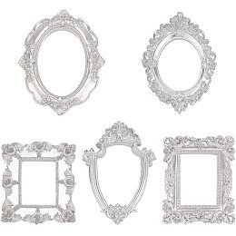 FINGERINSPIRE 5 Pcs Vintage Resin Picture Frame (5 Different Shapes & Sizes), Resin Sliver Flower Frame, Tabletop Jewelry Display Frame for Pictures Embossed Photo Props Wall Decor Accessories