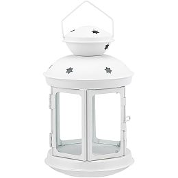 Portable Iron Candle Holder with Clear Glass Window, Vintage Lantern with Hollow Star, White, 11.9x18.5cm, Hole: 65x35mm, Inner Diameter: 8.7x8.5cm