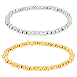 BENECREAT 4Pcs 2 Colors 201 Stainless Steel Round Beaded Stretch Bracelets Set for Men Women, Real Gold Plated & Stainless Steel Color, Inner Diameter: 2 inch(5.2cm), 2Pcs/color