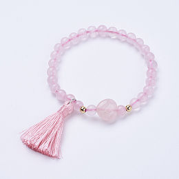 Honeyhandy Tassel Charm Bracelets, with Natural Rose Quartz Beads, Round, 2 inch(52mm)