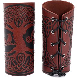 GORGECRAFT 2PCS Viking Bracers Leather Gauntlet Wristband Celtic Knot Arm Armor Guards Tree of Life Medieval Archery Unisex Leather Cuffs Armband for Men Women Cosplay Costume(Coconut Brown)