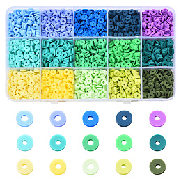 Arricraft 2250Pcs 15 Colors Eco-Friendly Handmade Polymer Clay Beads, Disc/Flat Round, Heishi Beads, Mixed Color, 6x1mm, Hole: 2mm, about 150pcs/color