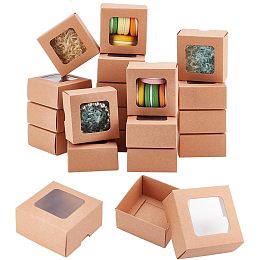 BENECREAT 20 PCS Brown Kraft Paper Box with Transparent Window, 3.15x3.15x1.57inch Square Kraft Paper Gift Box, for Wedding Party Gifts, Jewellery Packaging