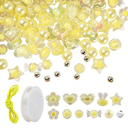 Honeyhandy 480Pcs Transparent/Imitation Pearl Acrylic Beads, 1 Roll Elastic Crystal Thread, Elastic Cord, for DIY Bracelet Making Kits, Yellow, Beads: 480pcs/bag