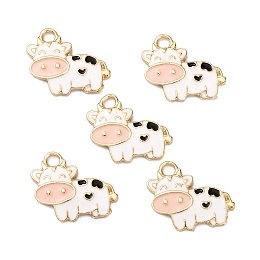 Honeyhandy Alloy Enamel Pendants, Light Gold, Cow, White, 16x19x2.5mm, Hole: 2.5mm