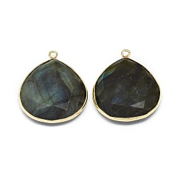 Honeyhandy Natural Labradorite Pendants, with Brass Findings, Faceted, teardrop, Golden, 28.5~29x25x6.5mm, Hole: 1.8mm