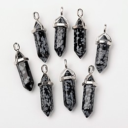 Honeyhandy Natural Snowflake Obsidian Double Terminated Pointed Pendants, with Random Alloy Pendant Hexagon Bead Cap Bails, Bullet, Platinum, 37~40x12mm, Hole: 3mm