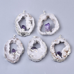 Honeyhandy Natural Druzy Agate Big Pendants, Edge Platinum Plated, with Natural Amethyst and Iron Snap on Bails, Nuggets, 37~71x29~55x9~15mm, Hole: 4x6mm