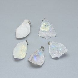 Honeyhandy Electroplate Natural Crystal Pendants, with Platinum Tone Alloy Snap on Bails, AB Color Plated, Nuggets, 28~32x17~22x15~20mm, Hole: 5x4mm