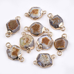 Honeyhandy Electroplate Natural Agate Links connectors, with Brass Findings, Dyed, Faceted, Golden, Camel, 16~20x9~12x4~8mm, Hole: 2mm