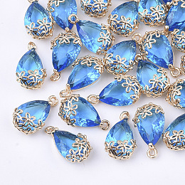 Honeyhandy Transparent Glass Pendants, for DIY Jewelry Making, with Brass Findings, Faceted, teardrop, with Flower, Light Gold, Dodger Blue, 16x9x6mm, Hole: 1.2mm