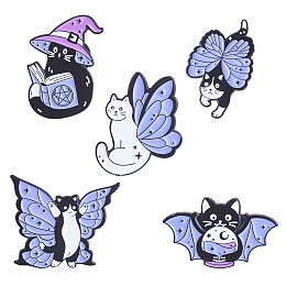 Arricraft 5Pcs 5 Style Magic Wizard Cat Enamel Pins, Electrophoresis Black Alloy Cartoon Brooches for Backpacks Clothes Hats, Cornflower Blue, 18.7~30x22~30mm, 1Pc/style