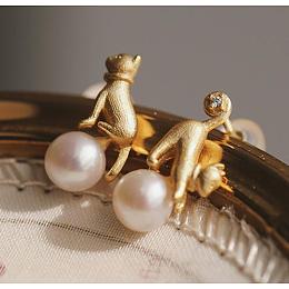 Honeyhandy 925 Sterling Silver Cat Asymmetrical Earrings, Natural Pearl Stud Earrings, Golden, 13x6.5mm, 14.5x6.5mm, Pin: 0.8mm