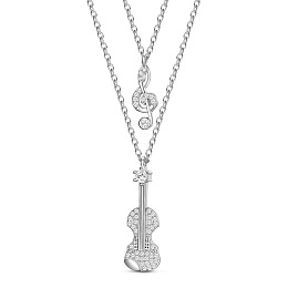 SHEGRACE 925 Sterling Silver Tiered Necklaces, with Grade AAA Cubic Zirconia, Violin and Musical Note, Platinum, 15 inch~17.32 inch(38~44cm)