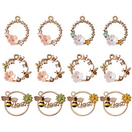 12Pcs Alloy Enamel Pendants, with Crystal Rhinestone, Golden, Ring with Bee & Flower, Mixed Color, 20mm