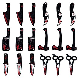 Honeyhandy 18Pcs 6 Styles Bloody Knife Scissors Axe Opaque Resin Halloween Horror Goth Pendants, for Jewelry Earring Making, Black, 49~50x12~24mm, Hole: 1.5mm, about 3pcs/style