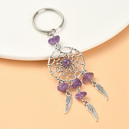 Honeyhandy Natural Amethyst Chips Keychain, with Tibetan Style Pendants and 316 Surgical Stainless Steel Key Ring, Woven Net/Web with Feather, 107mm, Pendant: 82x28x7mm