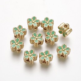 Honeyhandy Brass Enamel Beads, Long-Lasting Plated, Flower, Real 18K Gold Plated, Light Green, 7x3.3mm, Hole: 1.6mm