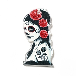 Honeyhandy Halloween  Acrylic Pendants, Skullgirls with Flower Charms, Red, 35.5x18x2.2mm, Hole: 1.8mm