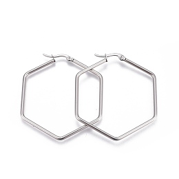 Honeyhandy Tarnish Resistant 201 Stainless Steel Hoop Earrings, with 304 Stainless Steel Pin, Hexagon, Stainless Steel Color, 12 Gauge, 45x40.5x2mm, Pin: 0.8mm