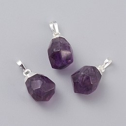 Honeyhandy Natural Amethyst Pendants, with Brass Bails, Faceted, Teardrop, Silver Color Plated, 19~21x12~14x11~15mm, Hole: 5x3mm