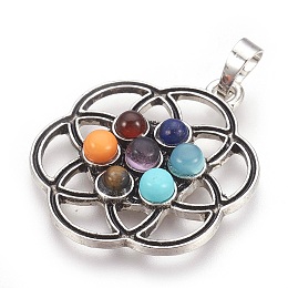 Honeyhandy Natural & Synthetic Gemstone Pendants, with Alloy Findings, Flower, Chakra, Antique Silver, 36x30x5mm, Hole: 5x8mm