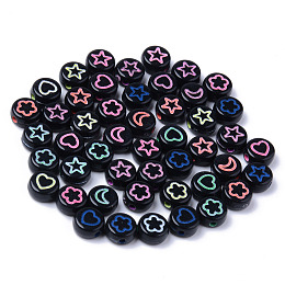 Honeyhandy Opaque Black Acrylic Beads, Flat Round with Mixed Color Star & Heart & Moon & Flower, 7x3.5mm, Hole: 1.5mm