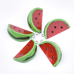 Honeyhandy Resin Pendants, with Platinum Tone Iron Findings, Imitation Food, Watermelon, Red, 38~39x19~19.5x13~14mm, Hole: 2mm