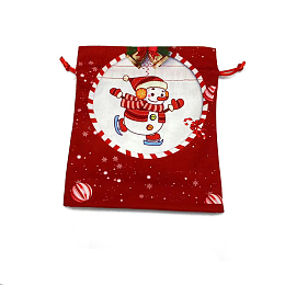 Christmas Printed Cloth Drawstring Bags, Rectangle Gift Storage Pouches, Christmas Party Supplies, FireBrick, 18x16cm