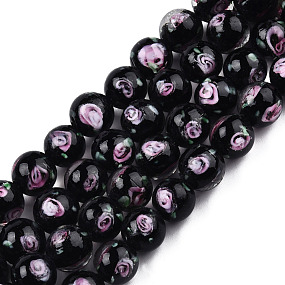 Handmade Lampwork Beads Strands, Round with Flower, Black, 9.5mm, Hole: 1.5mm, about 50pcs/strand, 18.90 inch(48cm)