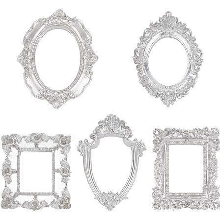 FINGERINSPIRE 5 Pcs Vintage Resin Picture Frame (5 Different Shapes & Sizes), Resin Sliver Flower Frame, Tabletop Jewelry Display Frame for Pictures Embossed Photo Props Wall Decor Accessories