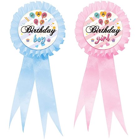 GLOBLELAND 2Pcs Birthday Boy and Girls Badge Pins Balloons Pattern Birthday Party Button Pins Brooch Pin Ribbon Brooches Gifts for Adults Kids Men or Women, 7.7x3.4 Inch