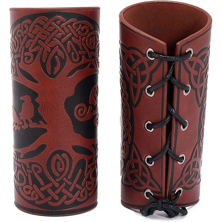 GORGECRAFT 2PCS Viking Bracers Leather Gauntlet Wristband Celtic Knot Arm Armor Guards Tree of Life Medieval Archery Unisex Leather Cuffs Armband for Men Women Cosplay Costume(Coconut Brown)