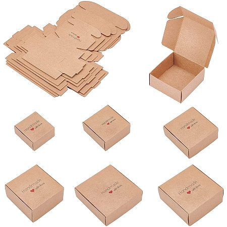 BENECREAT 24Pcs BurlyWood Paper Box Handmade Love Box Square Bakery Box with 6 Mixed Size for Candy Soap Earring Ring Small Jewelry Favor Treat Boxes